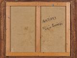 a painting of an old wooden frame with writing on it