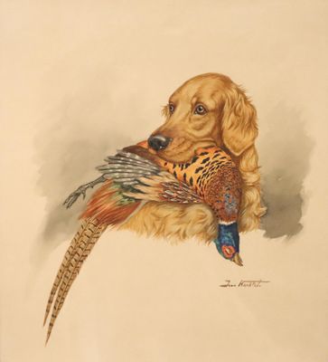un tableau représentant un chien tenant un faisan dans la gueule