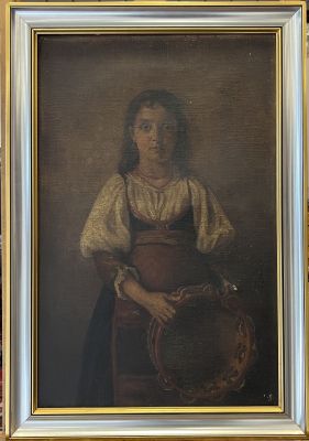 portrait of a young girl holding a bowl and a basket in a gold frame
