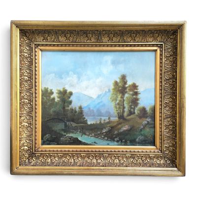 an oil painting of a mountain scene with a river and bridge