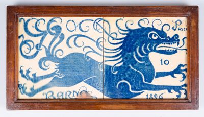 a picture of a blue and white tile with a picture of a lion on it
