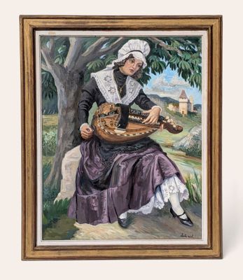 an oil painting of a woman sitting under a tree holding a basket