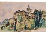 painting of a church on a hill with a steeple in the background