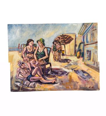 un tableau représentant un groupe de personnes assises sur une plage
