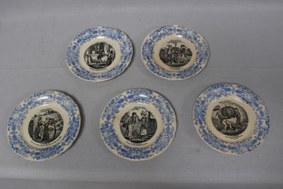 six blue and white plates with pictures of people and animals on them