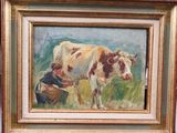 un tableau représentant une femme en train de traire une vache dans un champ