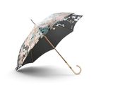 un parapluie noir orné d'un motif floral et muni d'un manche en bois