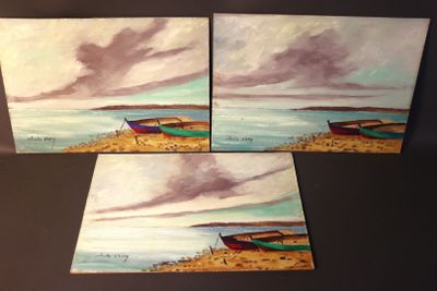 three paintings of boats on the shore of a lake under a cloudy sky