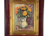 une peinture à l'huile représentant un vase de fleurs sur une table