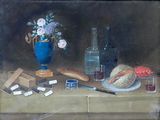 une peinture représentant une nature morte avec du pain et une bouteille de vin