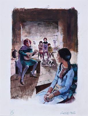 tableau représentant une femme assise dans une pièce avec une guitare et un groupe d'enfants