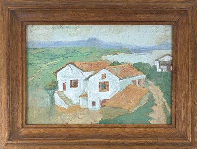 painting of a white house with a red roof in a wooden frame