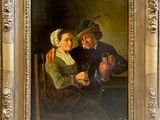 painting of a man and a woman sitting at a table with a vase