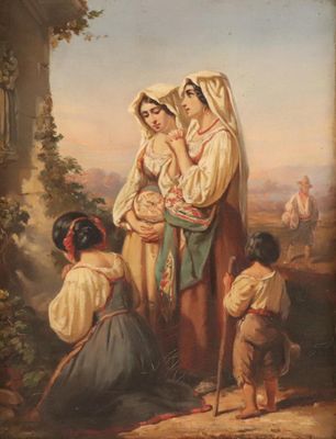 an old painting of a woman holding a baby and two children