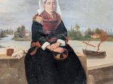 tableau représentant une femme assise sur un rebord de pierre, avec un voilier en arrière-plan