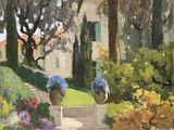an oil painting of a garden scene with a path leading to a building