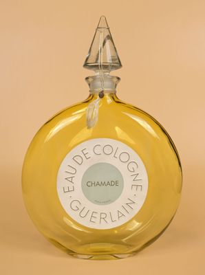 a close up of a bottle of perfume on a beige background