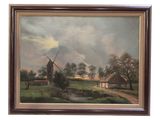 an oil painting of a windmill in a field with a house in the background