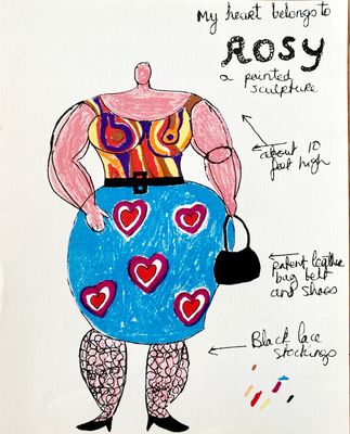 a drawing of a woman wearing a skirt with hearts on it