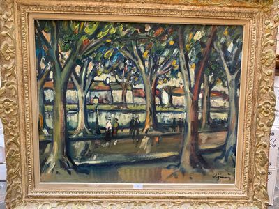 a picture of a painting of a park with trees