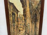 an oil painting of a street scene with buildings in the background