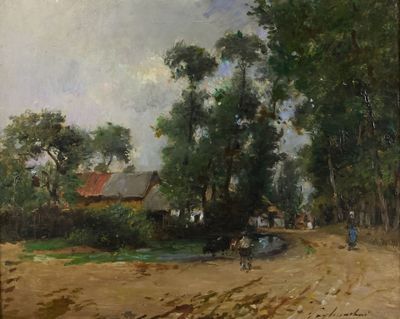 tableau représentant un chemin de terre avec une calèche et une maison au loin