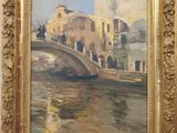 une peinture à l'huile représentant un pont enjambant une rivière, sur lequel marchent des gens