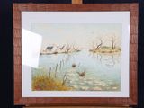 peinture sur chevalet représentant un lac avec une maison en arrière-plan