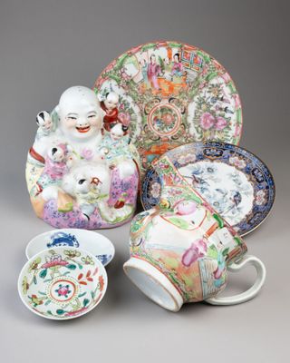 group of chinese porcelain dishes and cups and saucers