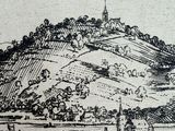 a black and white drawing of a town on a hill