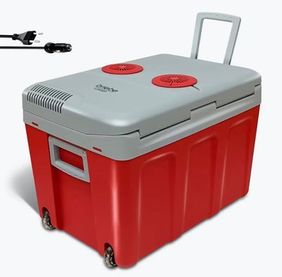 a red and gray cooler with wheels on a white background