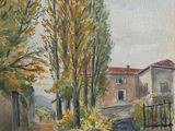 an image of a painting of a country road with a house in the background