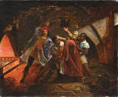 une image représentant un tableau où l'on voit un groupe de personnes dans un tunnel