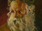 une peinture à l'huile représentant un homme à la longue barbe et coiffé d'un chapeau rouge