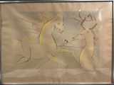 painting of two horses fighting in a field with trees in the background