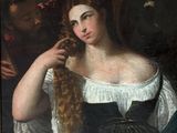 tableau représentant une femme en train de se peigner les cheveux longs, avec un homme en arrière-plan
