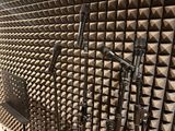 two microphones sitting in front of a wall of sound foam