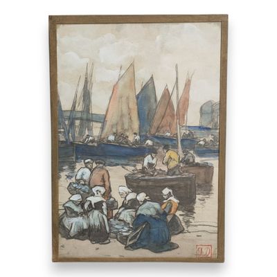 an image of a painting of a group of people sitting on a beach
