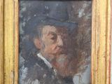un vieux tableau représentant un homme coiffé d'un chapeau, dans un cadre doré