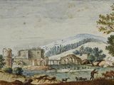 l'image d'un tableau représentant un paysage avec un château au loin