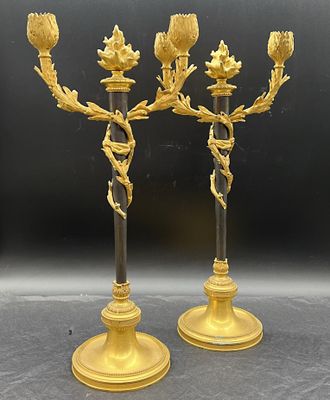 paire de candélabres anciens en laiton avec fleurs et feuilles