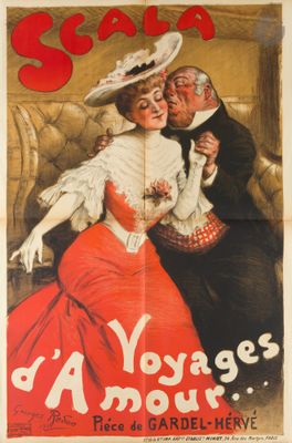 une vieille affiche de cinéma représentant un homme et une femme vêtue d'une robe rouge