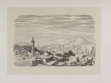 drawing of a view of a town with a mountain in the background