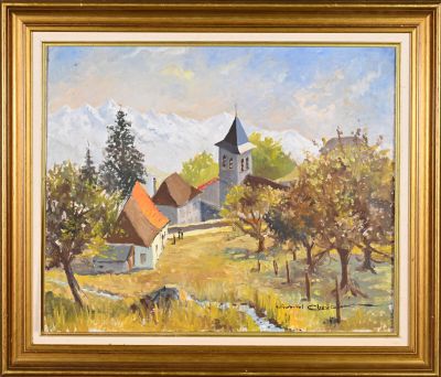 une peinture à l'huile représentant une église sur une colline avec des arbres au premier plan