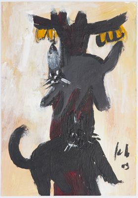 un tableau représentant un chien avec un oiseau sur la tête