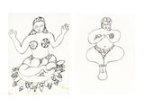 deux dessins représentant une femme assise sur une fleur
