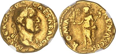a gold coin with an image of a man holding a sword