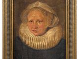 a painting of a woman wearing a bonnet and a blue dress