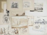 a lot of drawings on the wall of a room