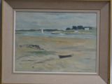a picture of a painting of a boat on the beach